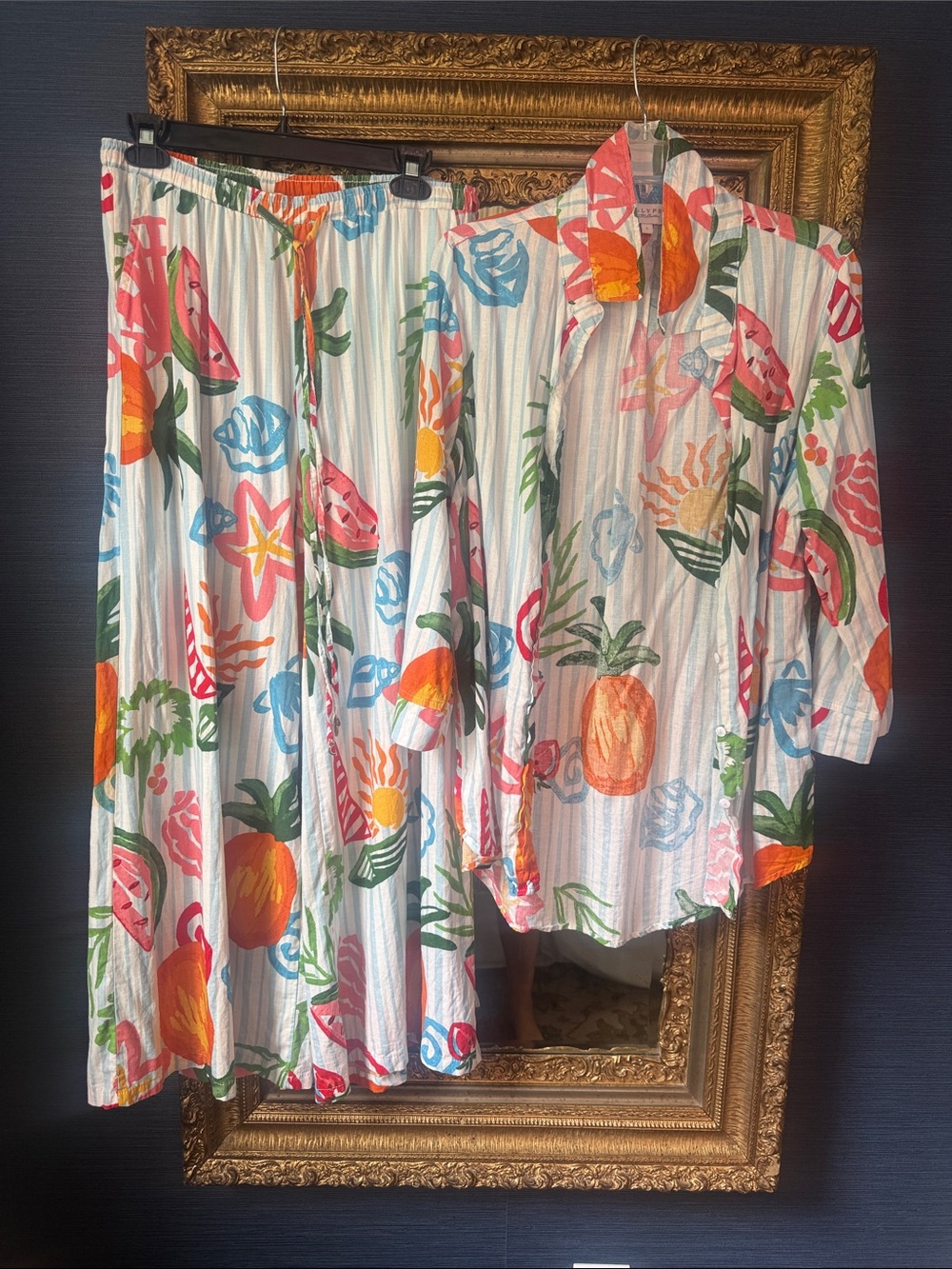Calypso St. Barth White Striped Linen Set with Bright Fruit Print